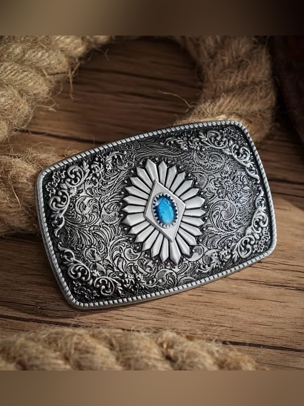 Western Belt Buckle Ornate Silver Western Belt Buckle with Blue Stone